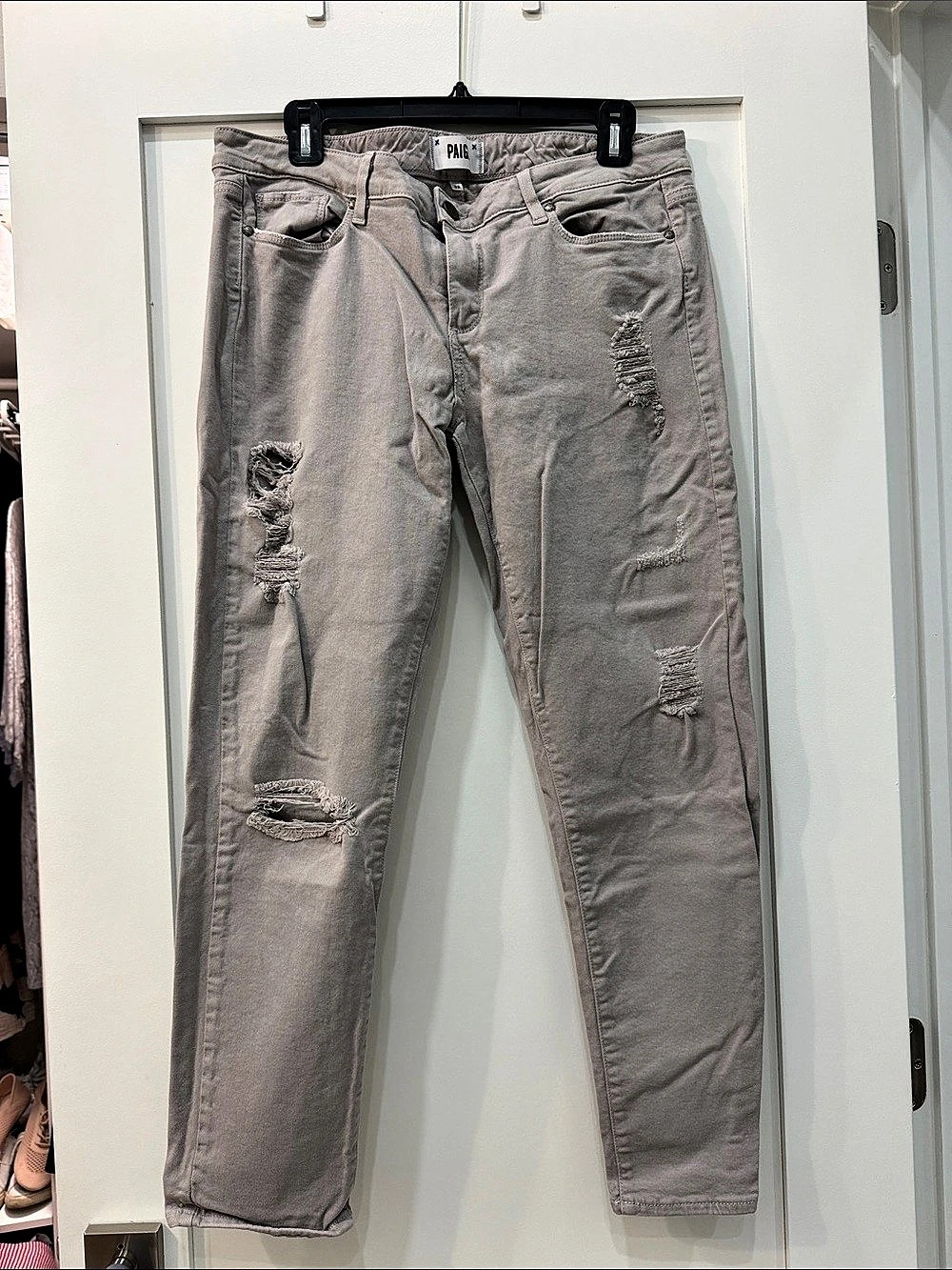 Paige Distressed Skinny Jeans in Gray